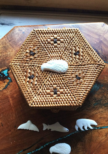 6 Sided Grass Basket with Carved Bone