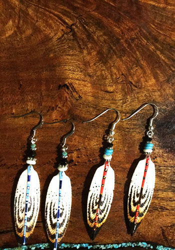 Carved Bone Hand Painted Large Feather Earrings