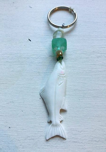 Light Green Sea Glass with Fish Charm ~ Bag Charm ~ Key Ring