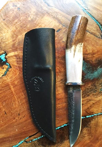 Caribou Antler Handle Knife with Hammered Blade